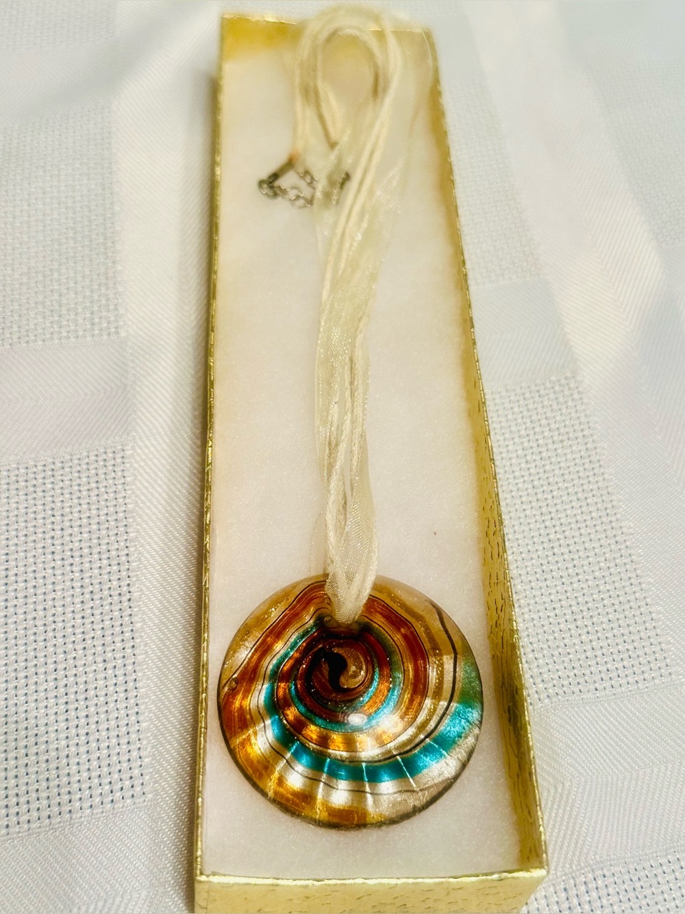 Murano Style Spiral Art Glass Round Bronze/Teal Pendant Necklace w/Claw Clasps